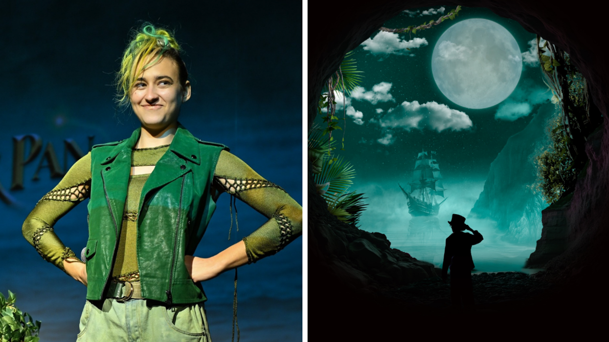 Éléonore Lagacé dans le rôle de Peter Pan. Droite : Une affiche de la comédie musicale Peter Pan.