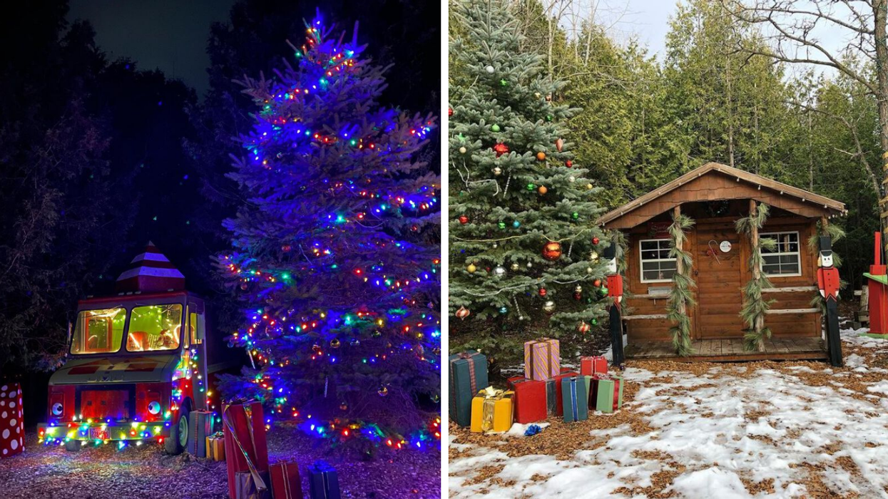 Elf truck by a glowing Christmas tree. Right: Winter village hut and outdoor decorations.