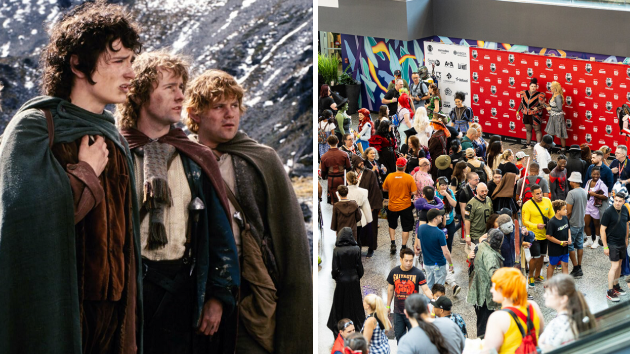 Elijah Wood (Frodon), Billy Boyd (Pippin) et Sean Astin (Sam) dans Le seigneur des anneaux: La communauté de l'anneau. Droite : Le Comiccon de Montréal.