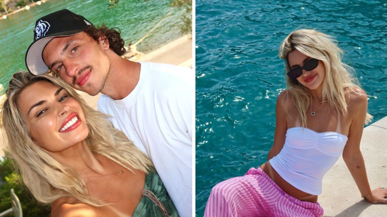 Élisabeth Rioux et son amoureux, Mason Sarkissian. Droite : Élisabeth Rioux porte le pantalon rose de Ardène.