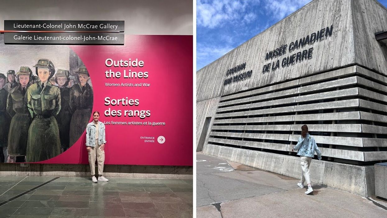 Elisha Barry at the exhibit entrance. Right: Elisha Barry at the Canadian War Museum.