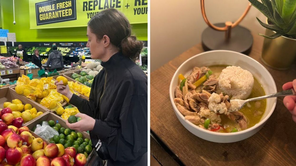 Elisha browses lemons and limes in a FreshCo store. Right: A bowl of Thai green curry with chicken and rice.