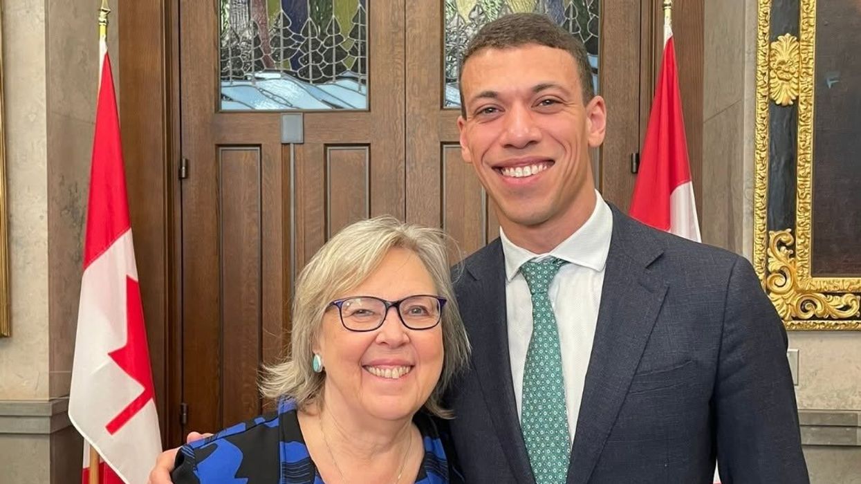 Elizabeth May and Jonathan Pedneault in Canada's Parliament.