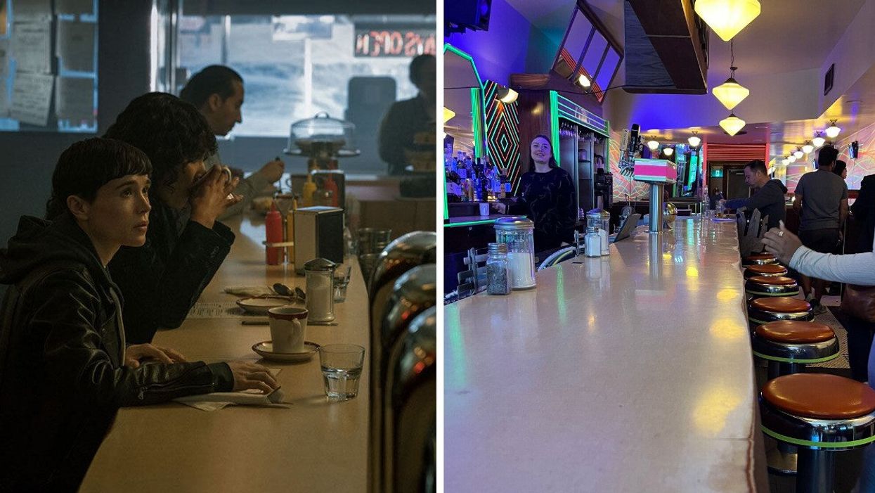 Elliot Page at The Lakeview in Umbrella Academy. Right: The Lakeview diner.