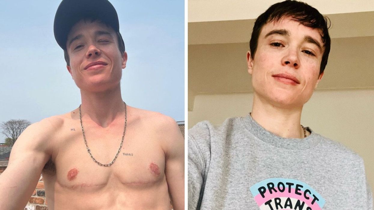 Elliot Page in a shirtless selfie. Right: Elliot Page.