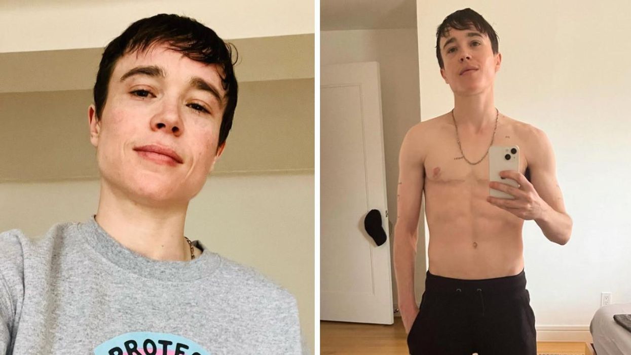 Elliot Page smiling at the camera. Right: Elliot Page taking a shirtless selfie.