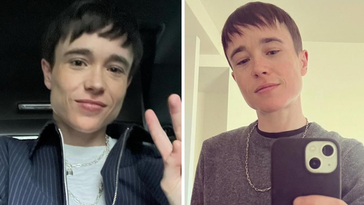 Elliot Page smiling. Right: Elliot Page taking a selfie.