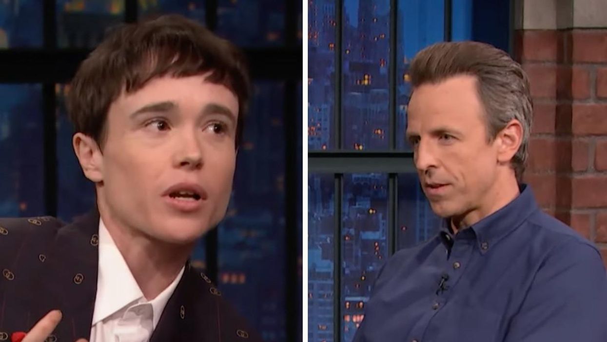 Elliot Page speaking. Right: Seth Meyers.