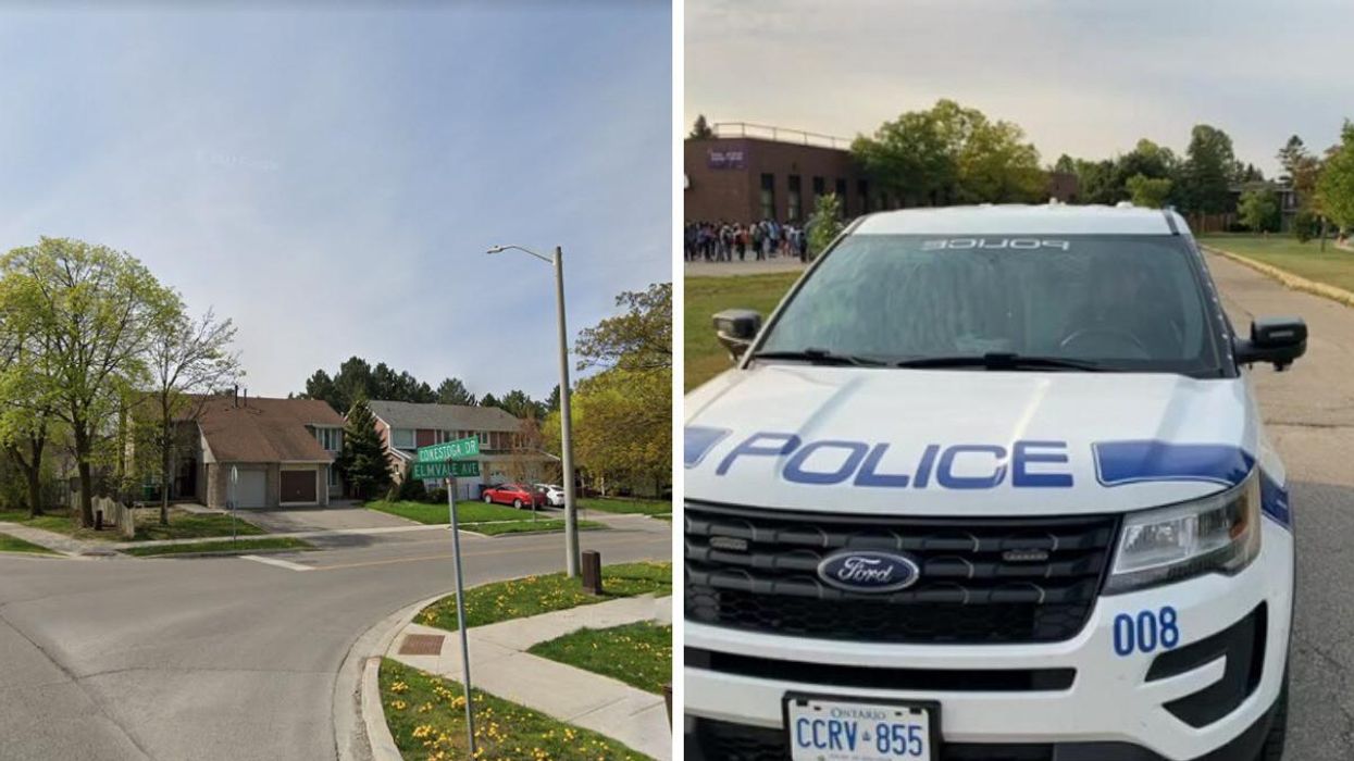 Elmvale Avenue and Conestoga Drive. Right: Peel Regional Police car.