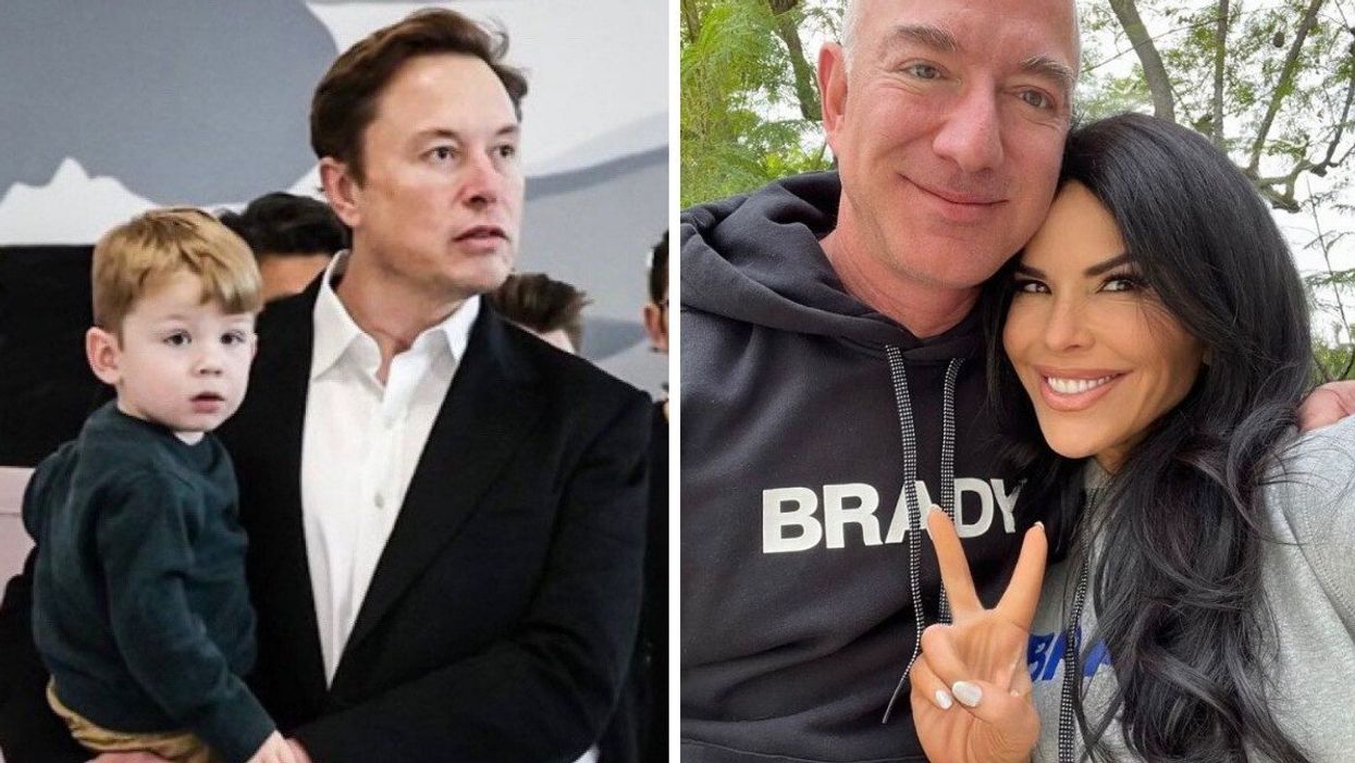 Elon Musk and his son Archangel-12. Right: Jeff Bezos and his partner Lauren Sanchez.