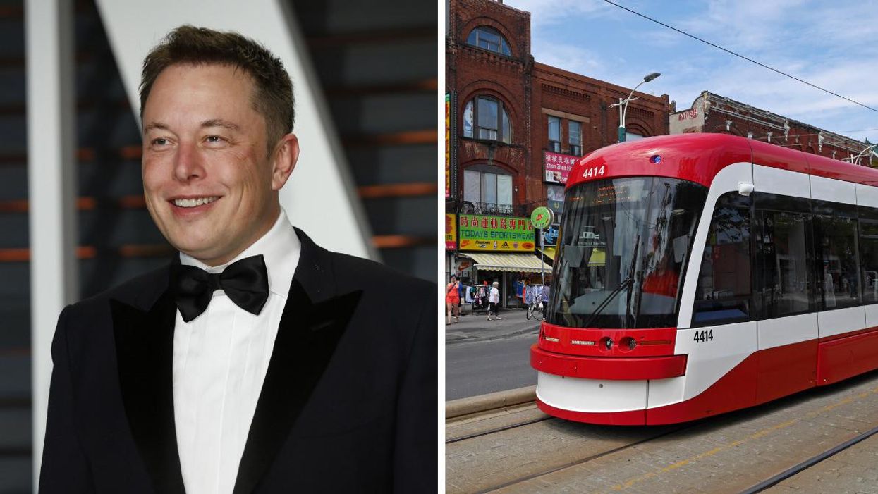 Elon Musk at 2015 Oscar viewing party. Right: A streetcar moving through Toronto.