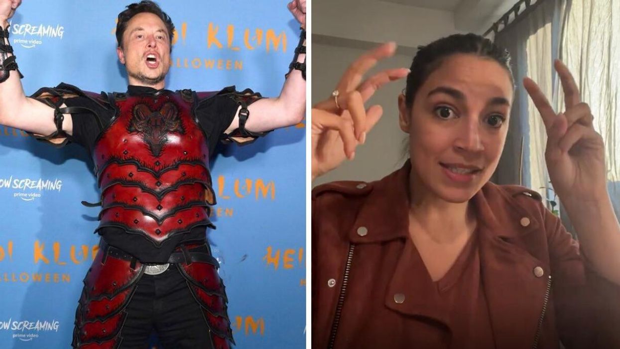 Elon Musk at a Halloween party. Right: U.S. Rep. Alexandria Ocasio-Cortez.