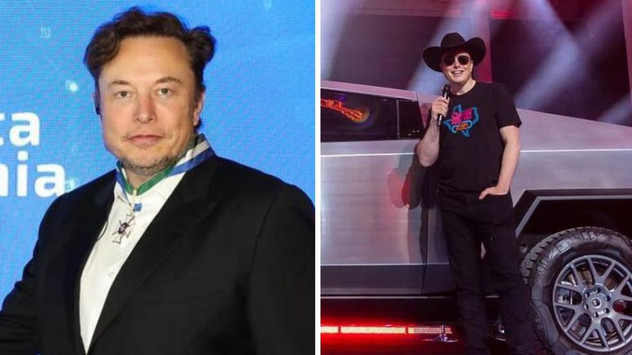 Elon Musk at a photo op. Right: Elon Musk with a Cybertruck at a Tesla event.