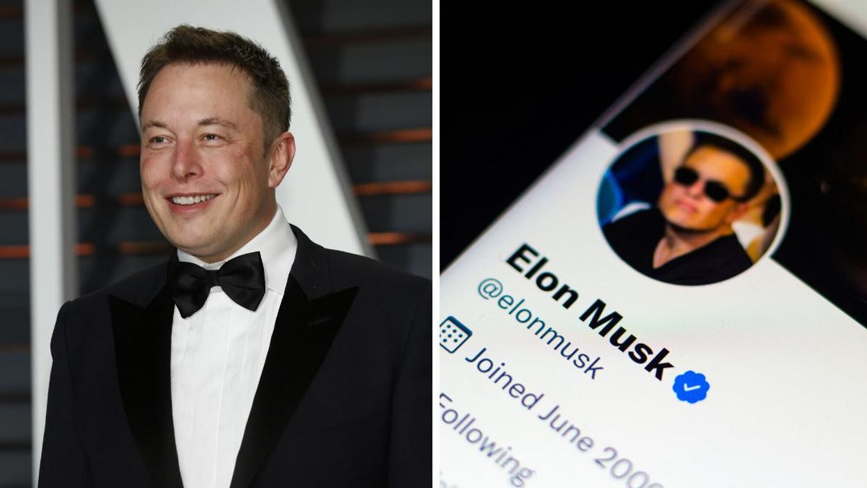 Elon Musk at a red carpet even. Right: Elon Musk's Twitter page.