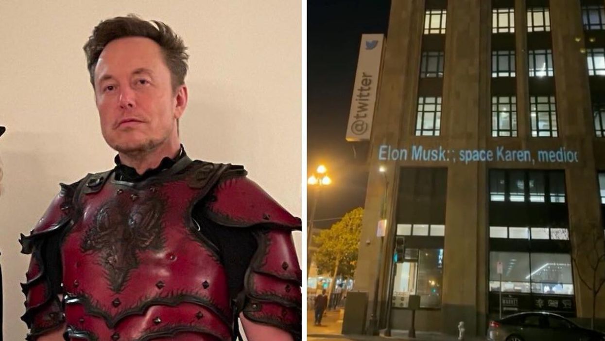 Elon Musk at Halloween. Right: Twitter headquarters with Musk insults projected onto it.