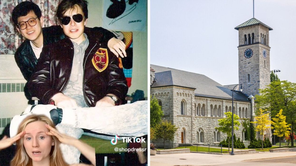 Elon Musk at Queen's University. Right: Queen's University.