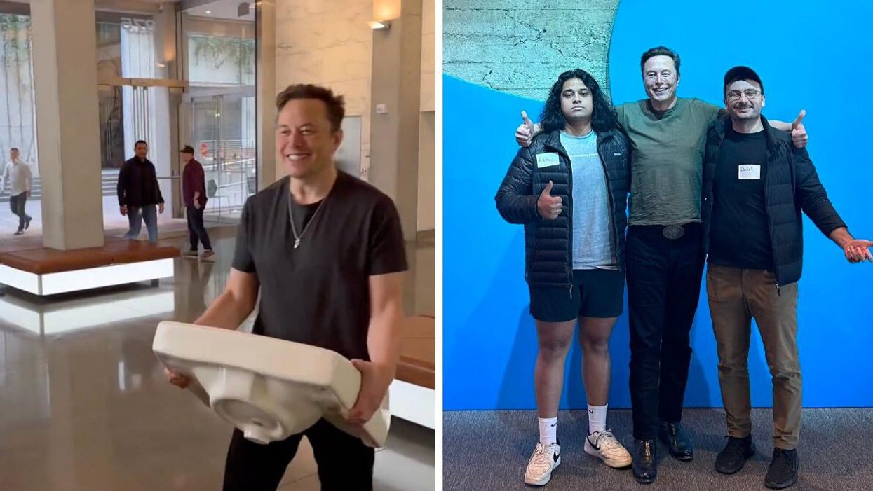 Elon Musk at Twitter HQ with a sink. Right: Elon Musk between two comedians at Twitter HQ.