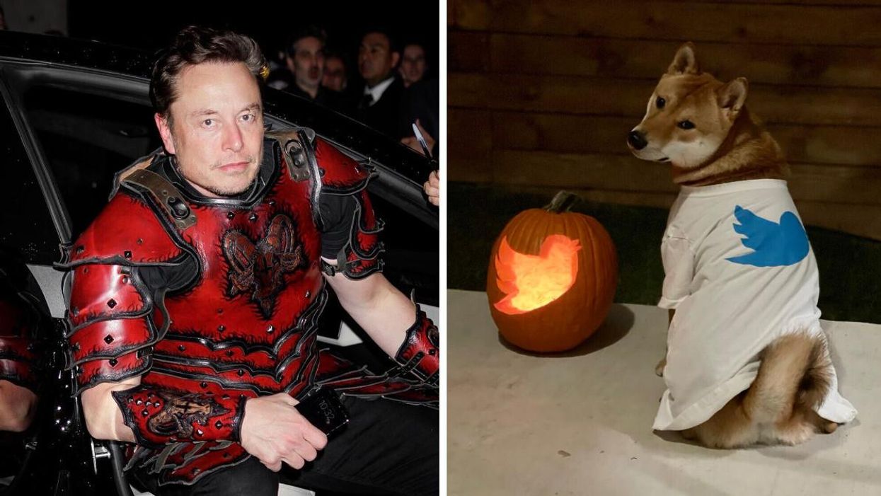 Elon Musk attending a Halloween party. Right: Elon Musk's Twitter-themed Halloween display.