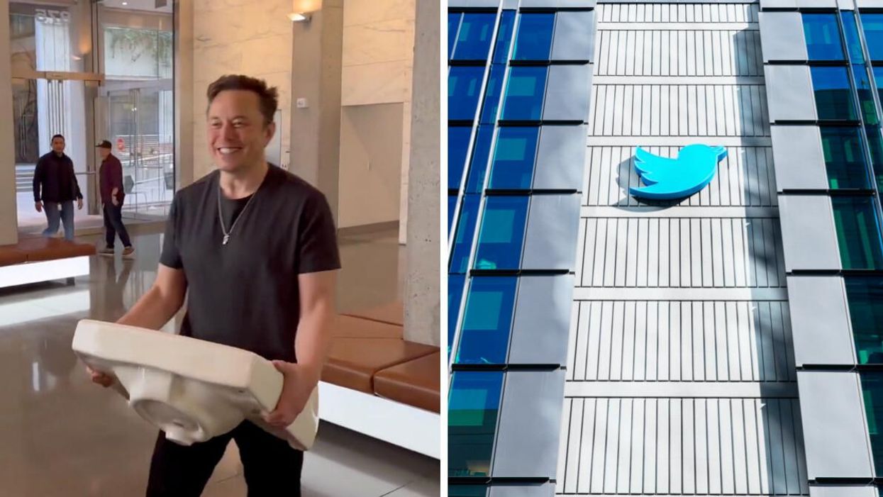 Elon Musk entering Twitter's office. Right: Twitter HQ campus in downtown San Francisco.
