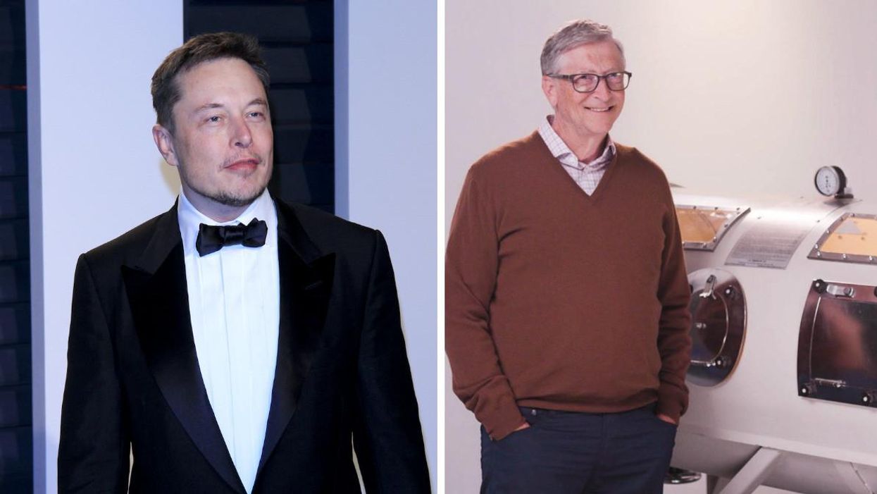 Elon musk in a suit. Right: Bill Gates.