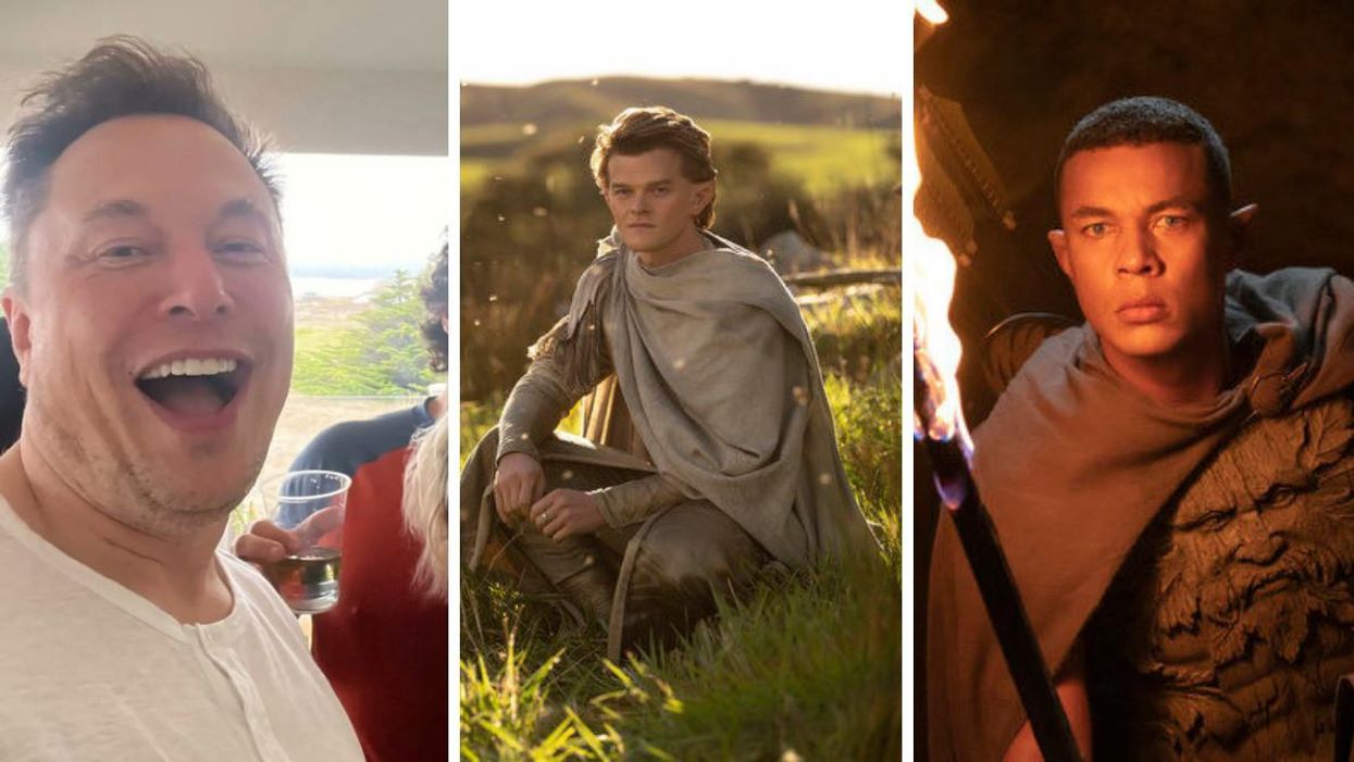 Elon Musk. Middle: Robert Aramayo as Elrond in The Rings Of Power. Right: Ismael Cruz Cordova as Arondir in The Rings Of Power.