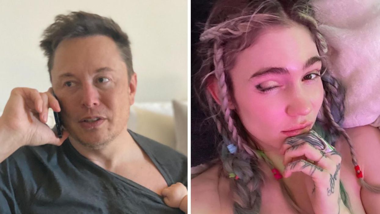 Elon Musk on the phone with a baby pulling at his shirt. Right: Grimes winking.
