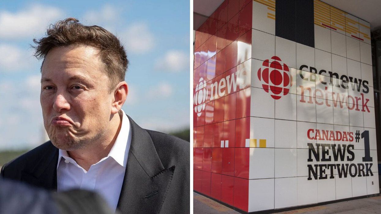 Elon Musk. Right: CBC News building in Toronto.