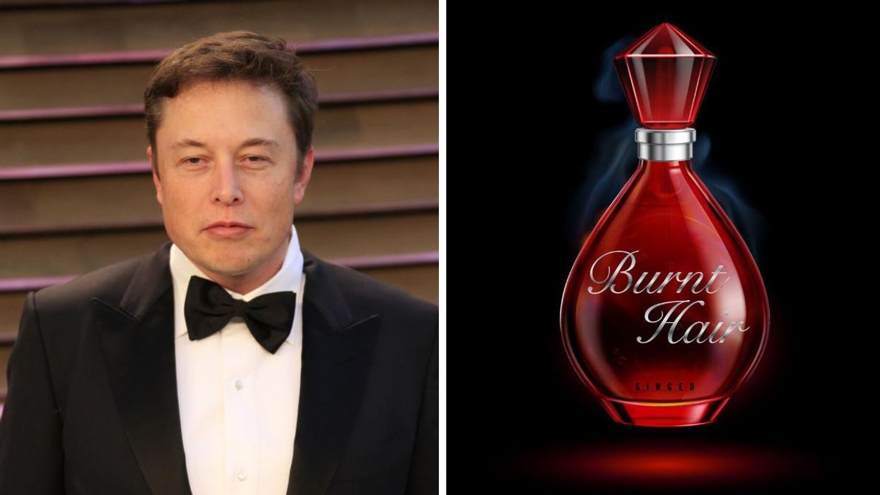 Elon Musk. Right: Elon Musk's perfume Burnt Hair.