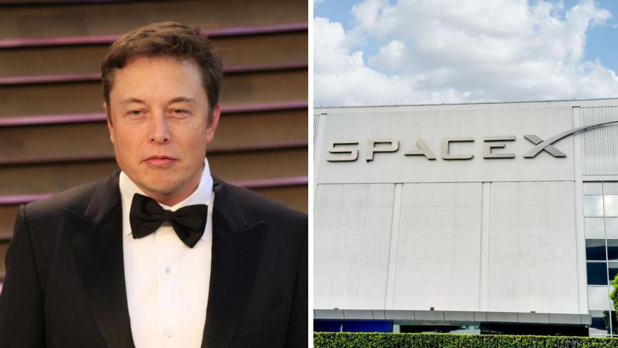 Elon Musk. Right: SpaceX building.