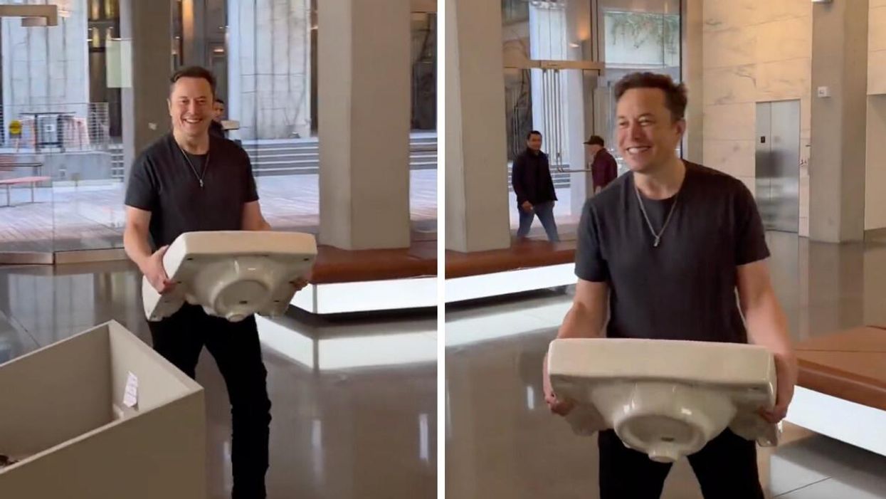 Elon Musk with a sink at Twitter headquarters.