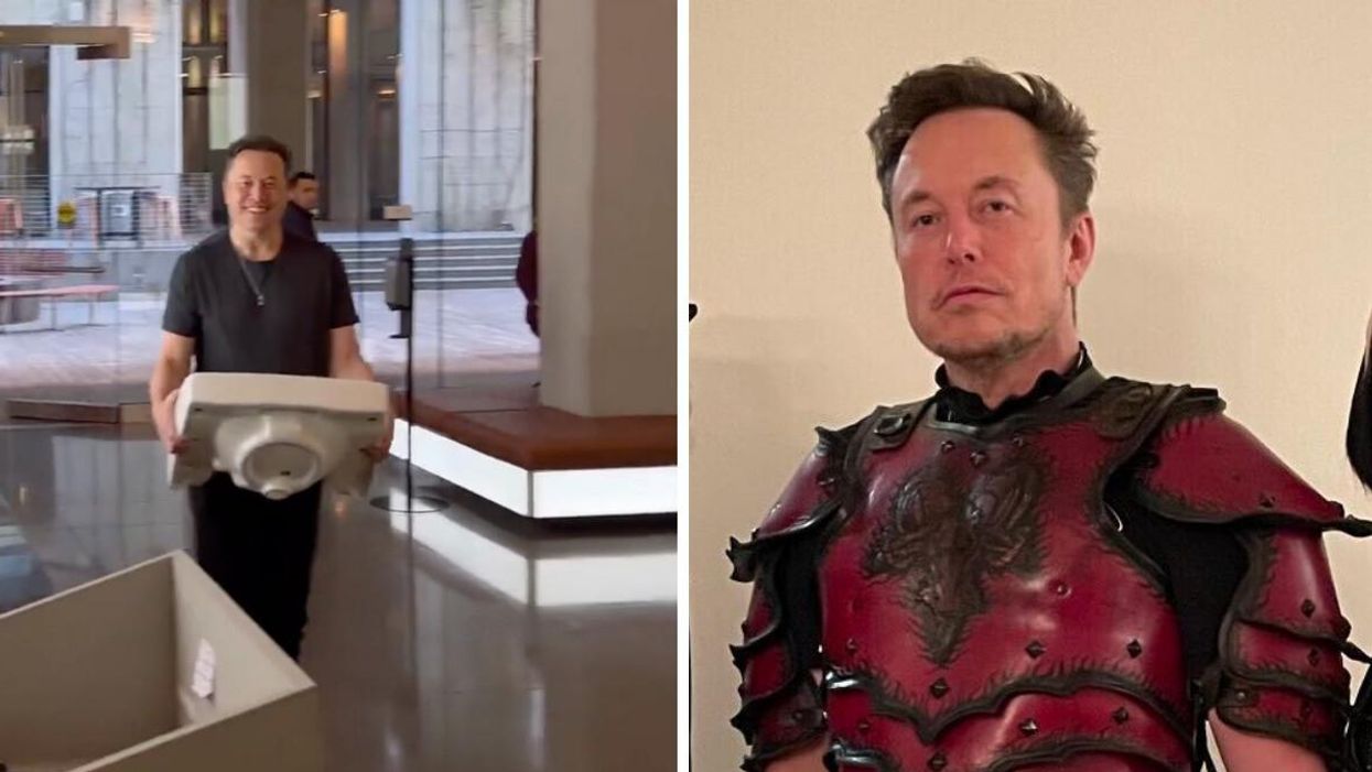 Elon Musk with a sink at Twitter HQ. Right: Elon Musk in a Halloween costume.