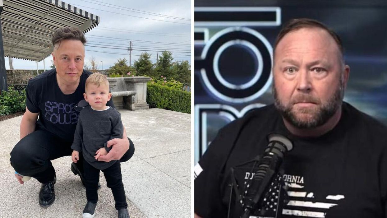 Elon Musk with X AE A-XII Musk. Right: Alex Jones.