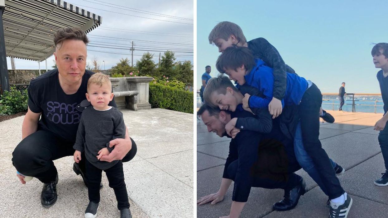 Elon Musk with X AE A-XII Musk. Right: Elon Musk with Kai, Griffin, Saxon and Damian Musk.