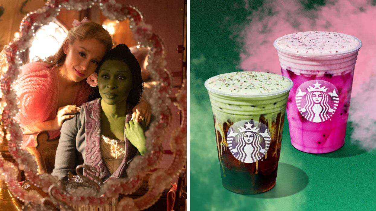 Elphaba et Glinda du film Wicked. Droite : Le Breuvage froid d'Elphaba et la Potion Rose de Glinda au Starbucks.