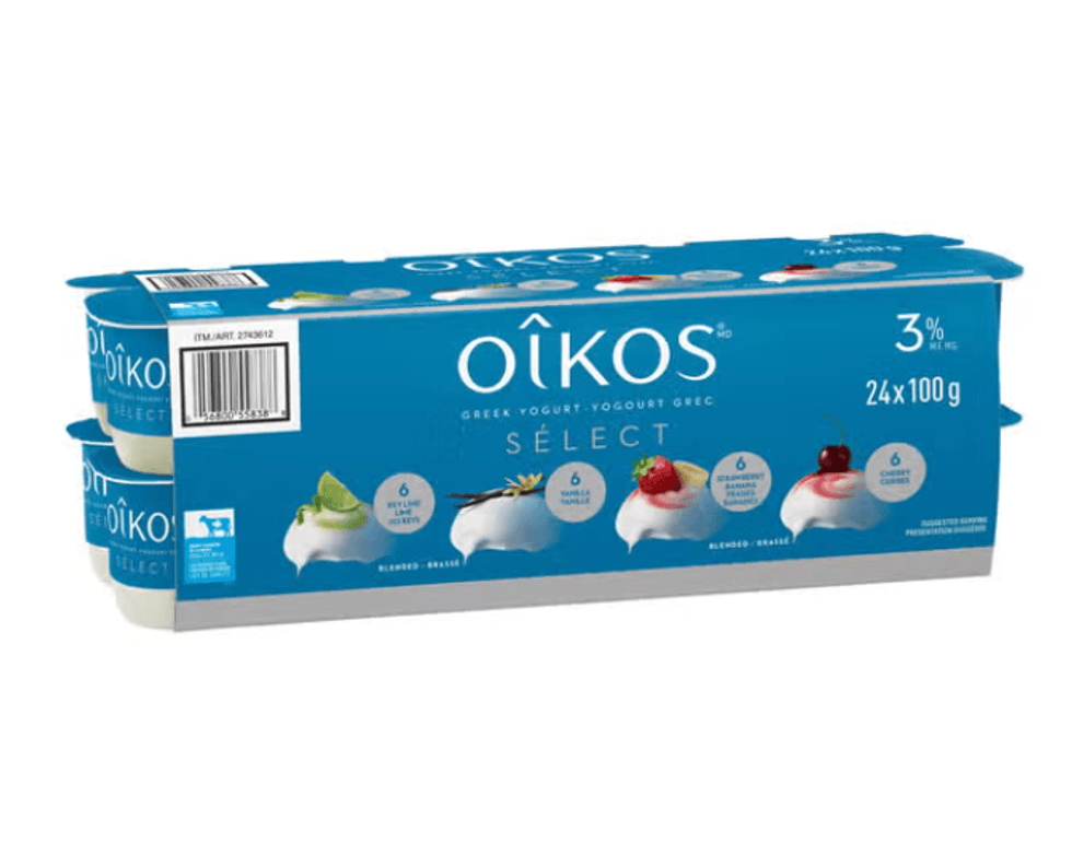 Emballage de 24 yogourts grecs Oikos 3 % aux saveurs vari\u00e9es.