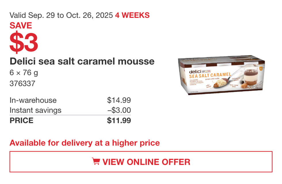 Emballage de 6 verrines de mousse au caramel sal\u00e9 Delici en vedette dans la circulaire du Costco.
