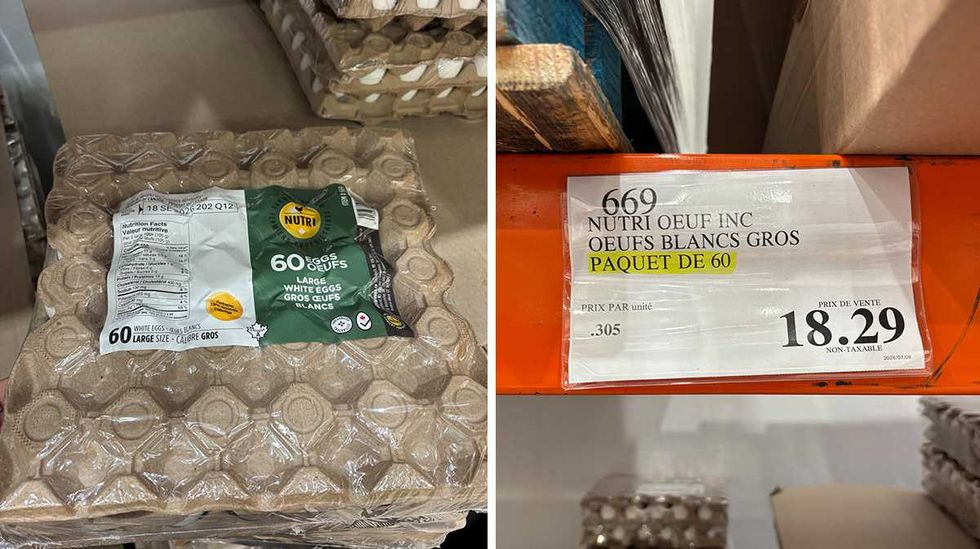 Emballage de 60 gros oeufs blancs de marque Nutrioeuf. Droite : \u00c9tiquette de prix Costco pour l'emballge de 60 oeufs Nutrioeuf.