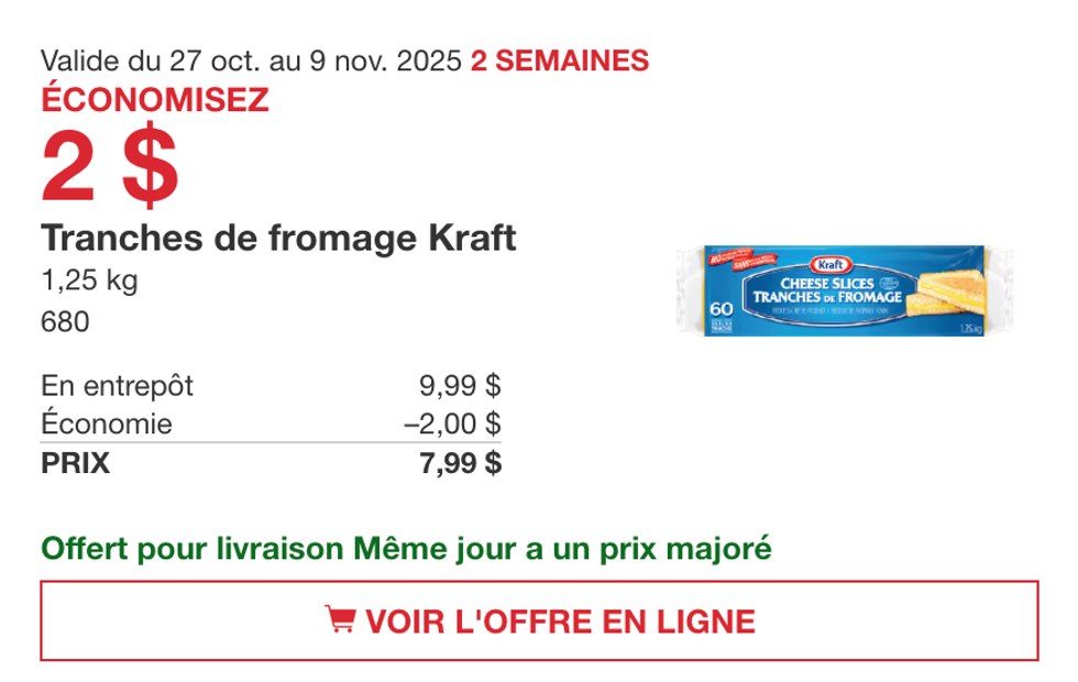 Emballage de 60 tranches de fromage Kraft de 1,25 kg sur le site de Costco