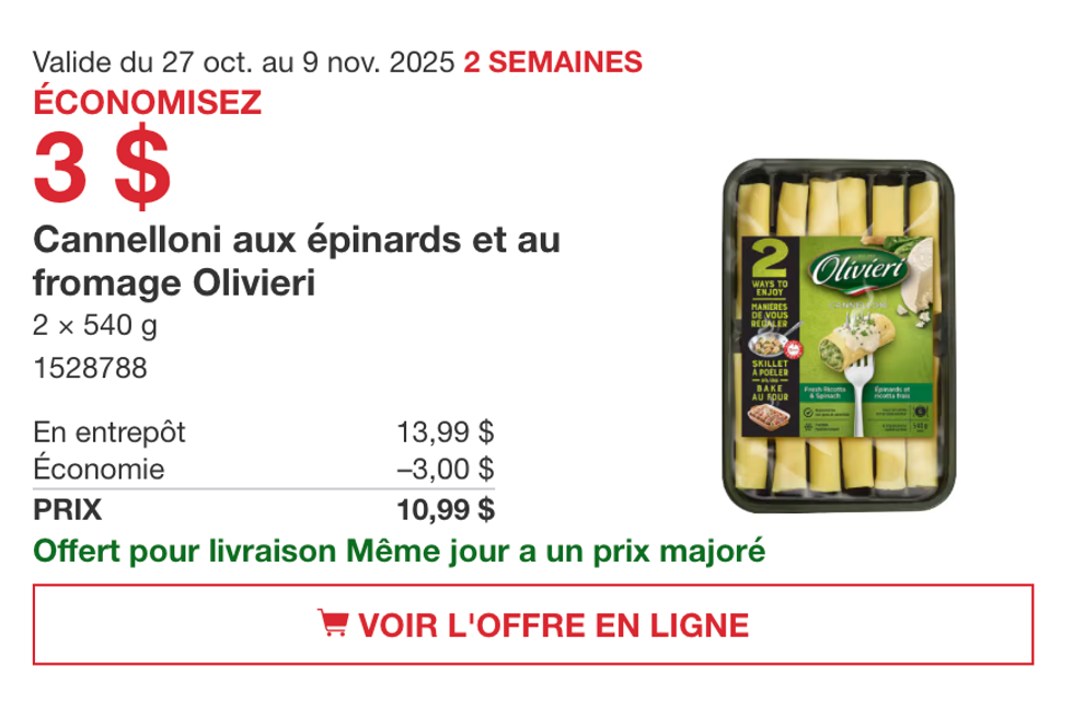 Emballage de deux plateaux de cannelloni aux \u00e9pinards et au fromage Olivieri sur le site de Costco.