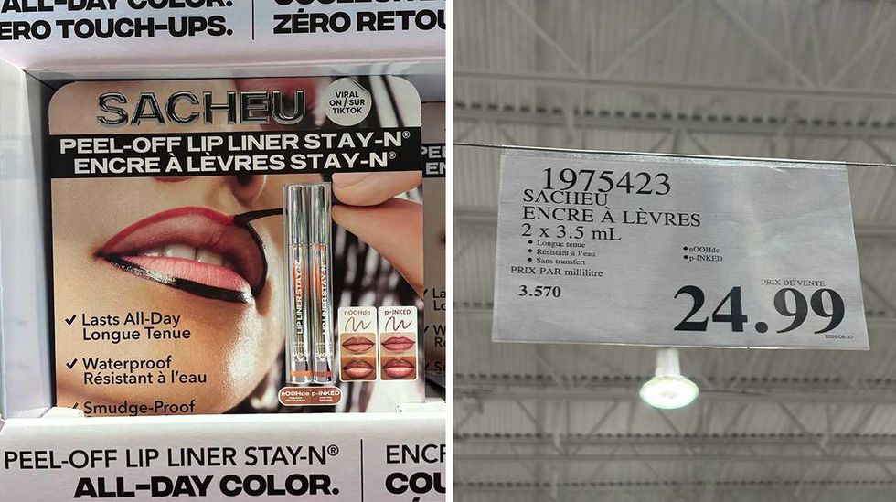 Emballage de deux tubes d'encre \u00e0 l\u00e8vres Sacheu chez Costco. Droite : \u00c9tiquette de prix Costco pour l'encre \u00e0 l\u00e8vres Sacheu.