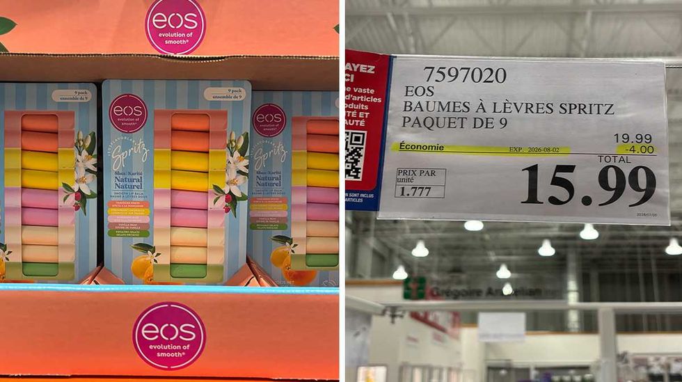 Emballage de neuf baumes \u00e0 l\u00e8vres Spritz EOS chez Costco. Droite : \u00c9tiquette de prix Costco pour les baumes \u00e0 l\u00e8vres Spritz EOS.