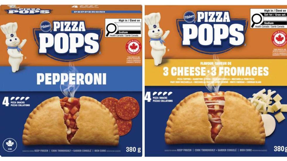 Emballage de Pizza Pops Pepperoni vis\u00e9es par le rappel. Droite : Emballage de Pizza Pops 3 fromages vis\u00e9es par le rappel.
