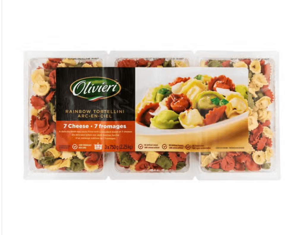 Emballage de tortellinis frais arc-en-ciel Olivieri farcis de sept fromages.