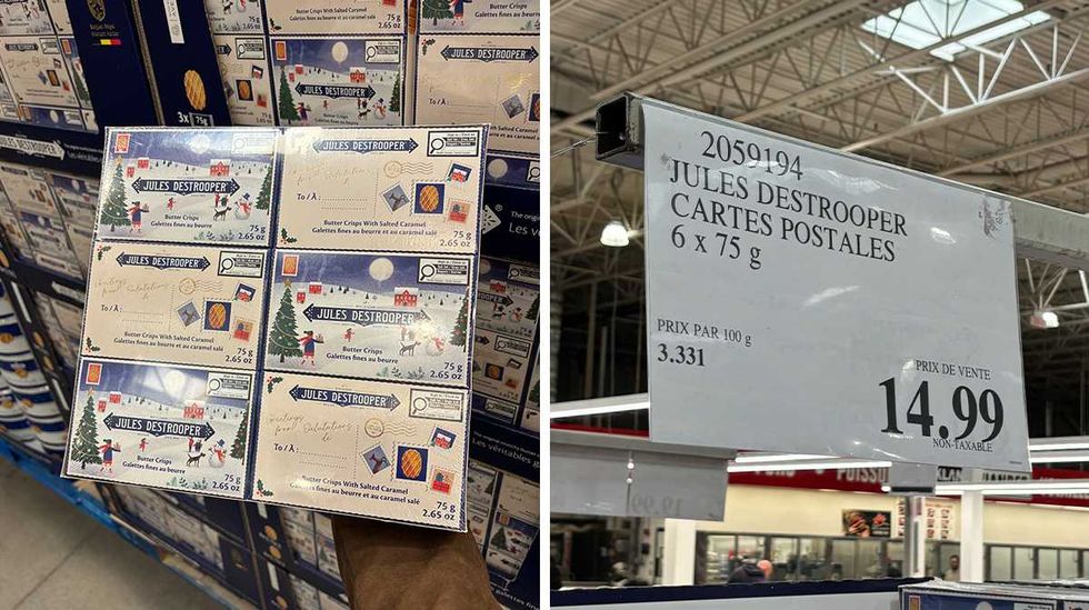 Emballages de biscuits vendus chez Costco. Droite : affiche de prix Costco pour les emballages de biscuits des F\u00eates.