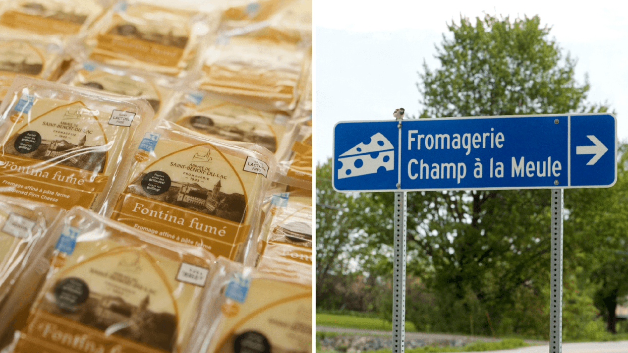 Emballages de fromages de l'Abbaye de Saint-Benoît-du-Lac exposés dans un comptoir réfrigéré. Droite: Panneau indiquant la Fromagerie Champ à la Meule.