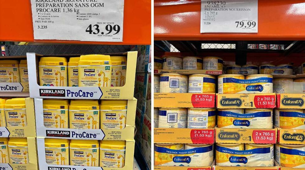 Emballages de pr\u00e9paration pour nourrissons de marque Kirkland Signature. Droite : Emballages de pr\u00e9paration pour nourrissons de marque Enfamil A+.