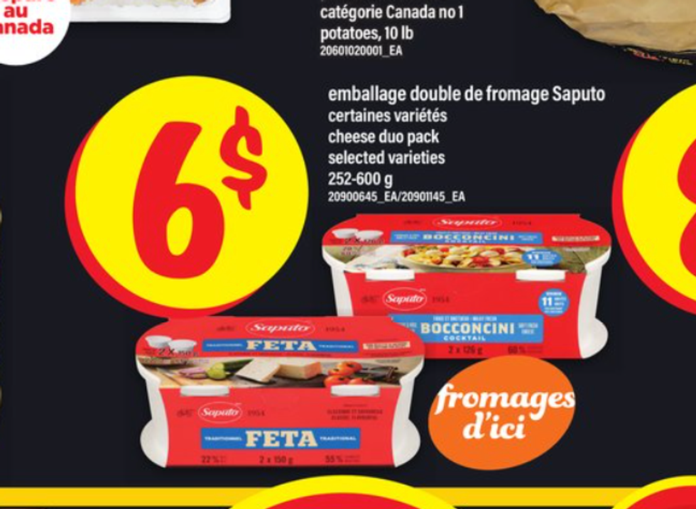 Emballages doubles de bocconcini et feta Saputo dans la circulaire du Maxi.