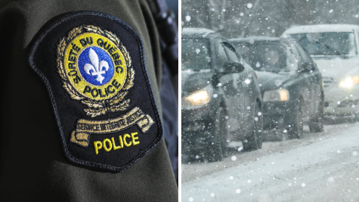 Emblème de la SQ. Droite : Trafic sur une route enneigée.
