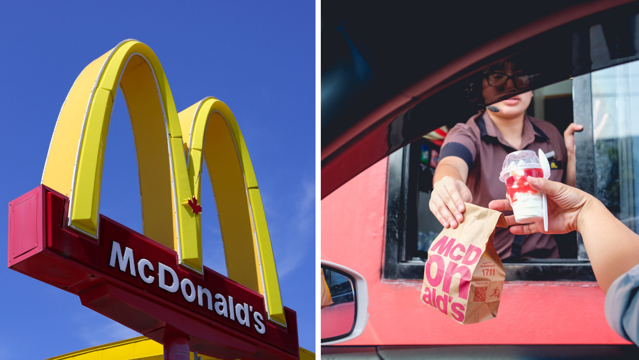 Emblème de McDonald's. Droite : Le service à l'auto chez McDonald's.