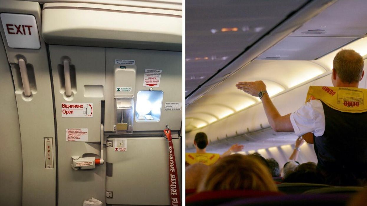 Emergency exit on a plane. Right: Flight attendant pointing out the emergency exit on a plane.